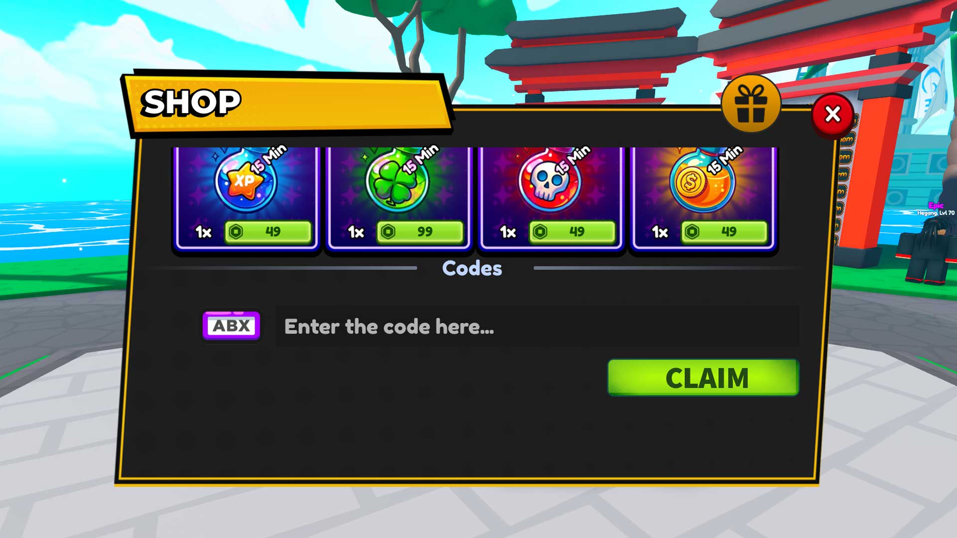 Boîte de codes dans Anime Odyssey Simulator
